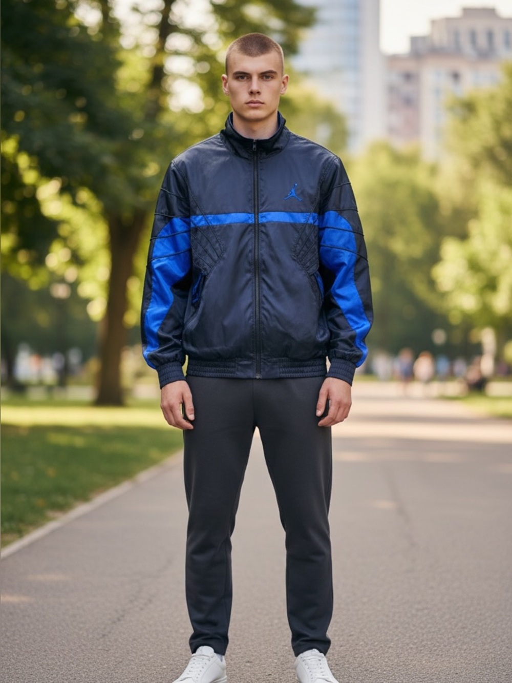 Nike Air Jordan AJ5 Track Jacket Blue & Black Satin Full-Zip Retro Style Sz XL - Picture 2 of 12